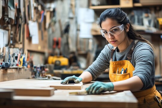 Latina female carpenter in workshop assembling furniture with care and precision, focused on detail with professional tools in background - Powered by Adobe
