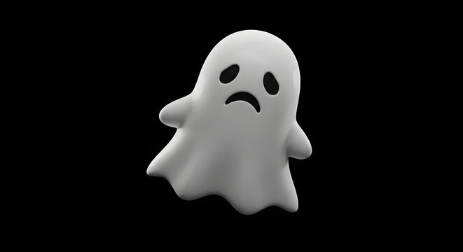 A sad white ghost emoji with a downturned mouth and black eyes floats against a dark, plain background.