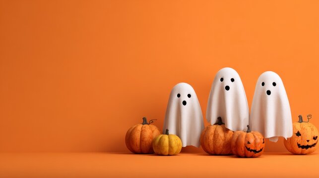 Three fabric ghosts hover over pumpkins on an orange background One pumpkin is carved with a face