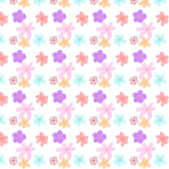Seamless pastel floral pattern with pink, purple, and blue flowers on a white background, soft and cute design.