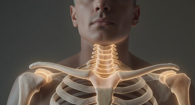 Human anatomy, upper body skeletal structure, cervical spine, clavicle, ribs, shoulder bones, 3D rendering, medical illustration, healthcare, bone structure, human body, anatomical model, skeleta