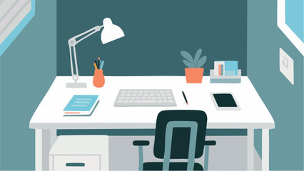 simple and minimalist illustrations of Scandinavian-inspired office desk. desk work. laptop and desk light.
