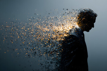 Universal image of a man disintegrating into particles, cybersecurity, privacy rights, Generative AI
