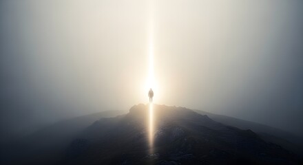 Beacon of Hope A lone figure walking towards a light in the fog