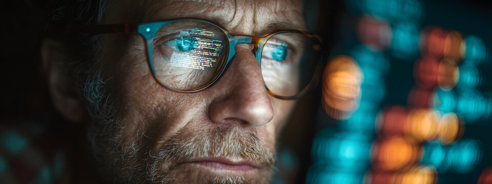 Focused older individual in glasses working on computer looking at programming code data. Older individuals navigate technology. Cyber security digital tech reflecting. Generative Ai content