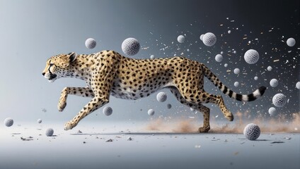 Dynamic cheetah sprints through abstract space scattering textured spheres, symbolizing speed, innovation, and progress in a modern, conceptual design.