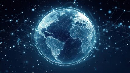 Dynamic glowing digital globe with interconnected nodes and lines symbolizing global network and data flow across dark futuristic background