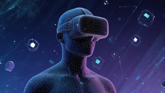 Immerse yourself in futuristic virtual reality, exploring digital worlds with a wireframe human and glowing abstract elements in a cosmic nebula