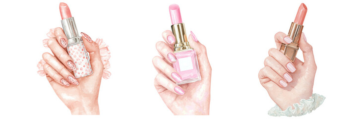 Female hand with red manicure and lipstick isolated on transparent background