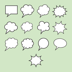 Speech and Thought Bubble Icon Set 15 White Vector Designs with Black Outlines on Light Green Background for Dialog, Thought, Shout Balloons, Comics and Communication Graphics