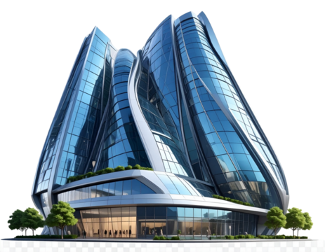 Futuristic glass skyscraper isolated on transparent background PNG  
