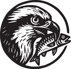 Obraz premium Osprey with fish in beak linocut circle emblem raptor illustration black and white wildlife badge