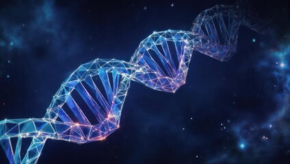 Stunning digital DNA helix, a symbol of life and scientific discovery, glowing brightly against a cosmic nebula background