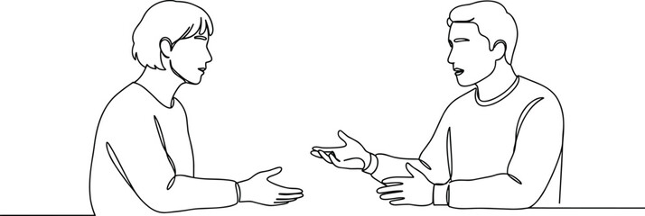 Continuous line drawing, two people talking at table, conversation scene, communication concept, minimalist art, meeting, discussion, unity, cooperation, interpersonal connection illustration