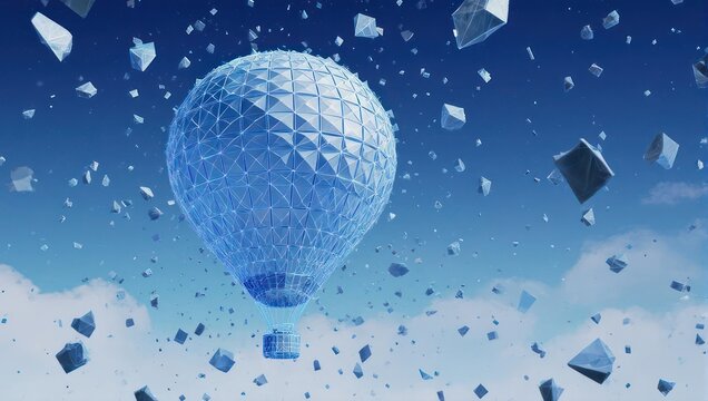 Stunning abstract hot air balloon ascends through a fragmented sky filled with geometric crystal shards and soft clouds