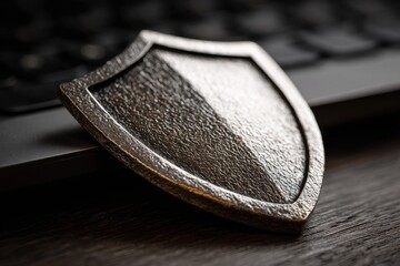 Metal shield rests on a dark wooden surface, near a keyboard