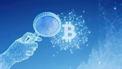 Discovering the future of finance with a magnifying glass over a glowing Bitcoin symbol, representing blockchain technology and digital currency exploration.