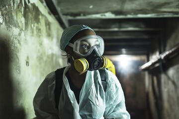 Female pest control worker in protective gear navigating darkened space for insect control