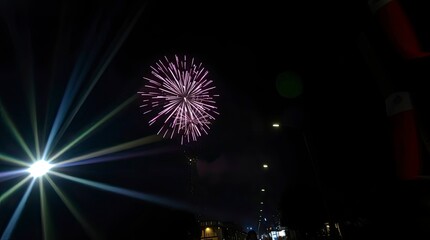 Bright lens flare, candid street photography of a night sky with fireworks over urban scenes, capturing spontaneous moments with light streaks and vibrant colors