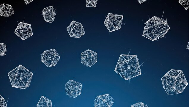 Abstract geometric shapes float in deep space background, representing digital networks and technological innovation.