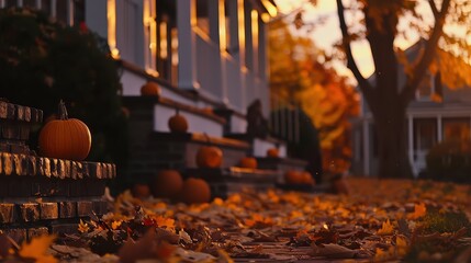 Naklejka premium Fall Porch Steps with Pumpkins and Scattered Golden Leaves in Warm Sunset Light