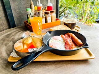 breakfast, full set, bacon and eggs, orange juice, fruits and coffee
