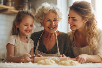 joyful moment in kitchen as grandmother mother and granddaughter bake cookies together