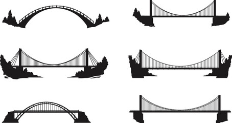 Collection of bridge silhouettes including suspension, arch and cable designs, black vector illustrations for architecture, construction, infrastructure and engineering concepts