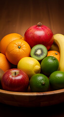 Colorful fresh fruits including oranges, pomegranates, kiwi, lemons, limes, and apples, artfully arranged in a rustic wooden bowl, promoting healthy eating