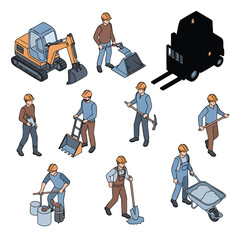 A collection of isometric illustrations featuring construction workers builders and heavy equipment.