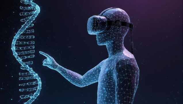 Immersive virtual reality headset user interacts with glowing digital DNA helix, exploring futuristic science and biotechnology concepts