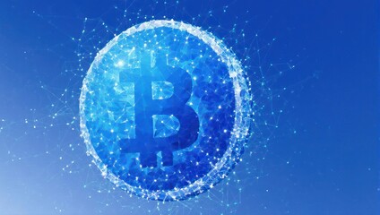 Shimmering digital Bitcoin sphere with glowing network connections against a vibrant blue gradient background, symbolizing cryptocurrency innovation and global finance.