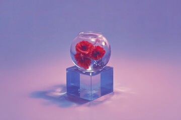 Glass bowl with red poppies on a cube