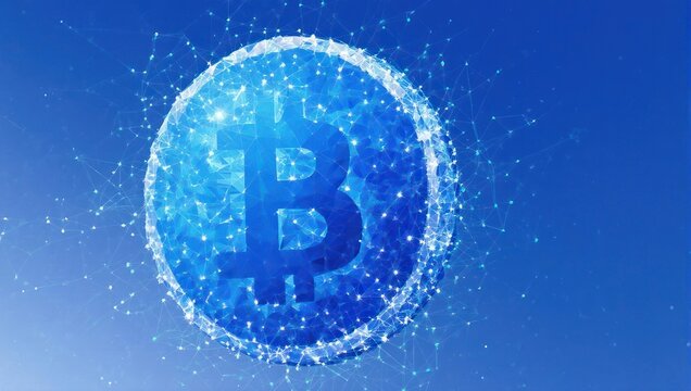 Shimmering digital Bitcoin sphere with glowing network connections against a vibrant blue gradient background, symbolizing cryptocurrency innovation and global finance.