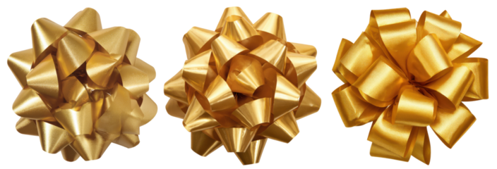 Shiny golden bow and ribbon decoration isolated on a white background for gift wrapping a present for a celebration or holiday like Christmas or a birthday