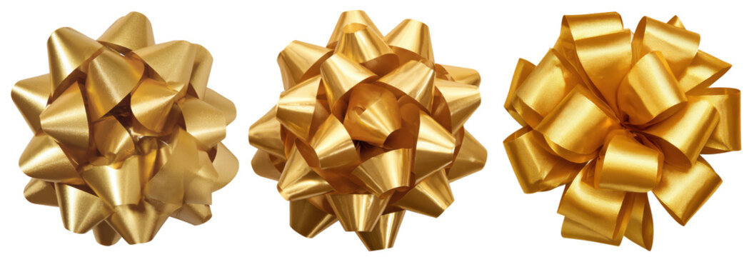 Shiny golden bow and ribbon decoration isolated on a white background for gift wrapping a present for a celebration or holiday like Christmas or a birthday