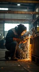Fototapeta premium A skilled worker uses a grinder, producing sparks, in a workshop setting. Industrial and manual labor