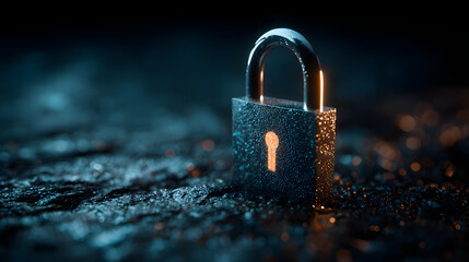 Digital padlock for computing system on dark blue background, cyber security technology for fraud prevention and privacy data network protection concept