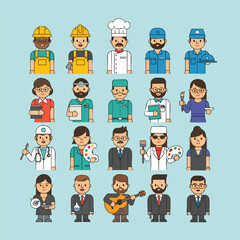 A diverse collection of colorful cartoon character icons representing various professions and jobs.