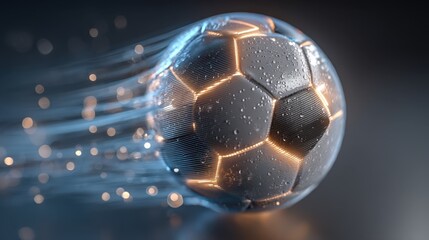 A glowing soccer ball with water droplets zooms forward, leaving a trail of light and blurred motion effects on a dark background.