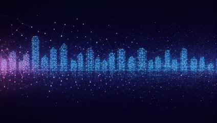 Dynamic digital cityscape illustration with glowing interconnected nodes representing data and technology, perfect for futuristic concepts.