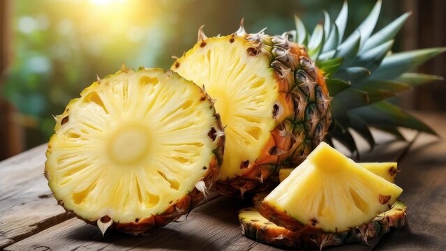 Vibrant, juicy pineapple slices bathed in warm sunlight on a rustic wooden surface, perfect for summer recipes and tropical themes.