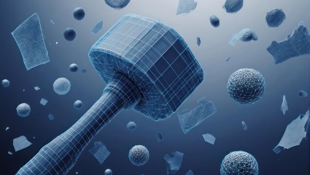 Dynamic digital transformation conceptualized with abstract glowing wireframe shapes and glowing spheres floating in a gradient blue atmosphere