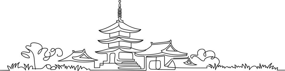 Continuous line drawing, traditional Japanese pagoda, temple complex, minimalist art, cultural heritage, architecture illustration, travel destination, serene garden, Asian landscape, historic site