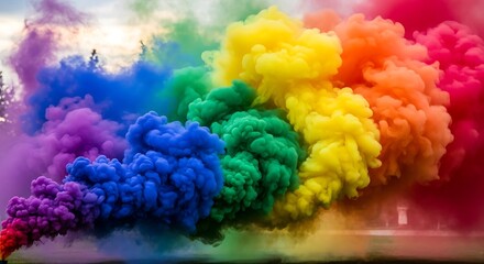 Vibrant rainbow colored smoke plumes fill the frame against a background of trees.