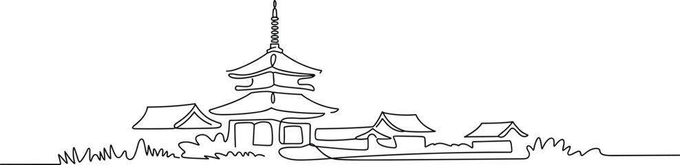 Continuous line drawing, traditional Asian pagoda, temple architecture, minimalist art, cultural heritage, travel destination, serene garden, historic site, Japanese style, landscape illustration