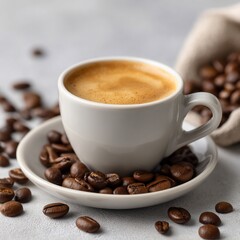 Fototapeta premium Aromatic Coffee Cup with Beans - A Warm and Inviting Still Life.