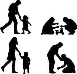silhouette family dad mom son daughter postures family in black shapes graphic element monochrome color on white background