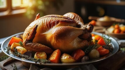 Savor the warmth of a perfectly roasted golden brown turkey, glistening with savory juices, surrounded by vibrant root vegetables and fresh herbs, ready for your festive feast.