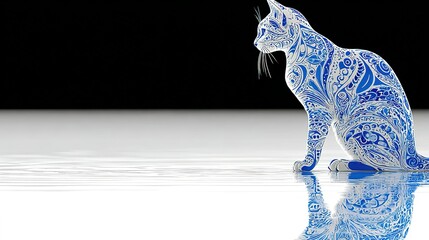 Obraz premium Decorative cat figurine with blue patterns sits on a reflective white surface.